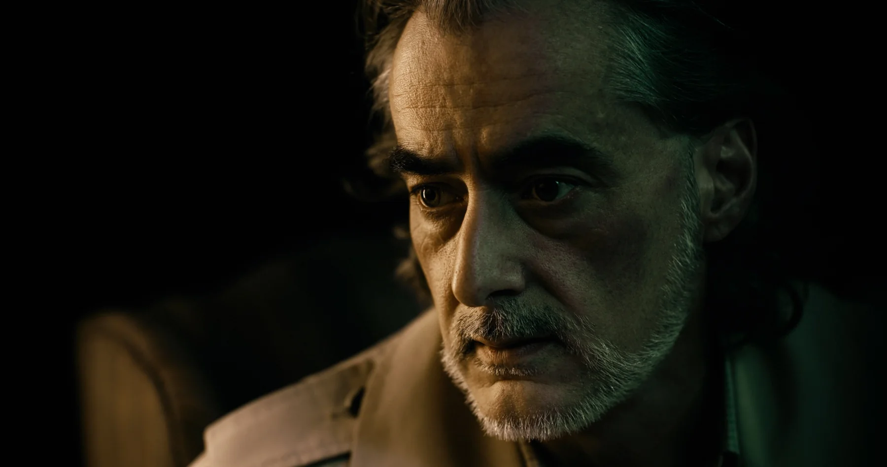 A close view of a character watching from the shadows.